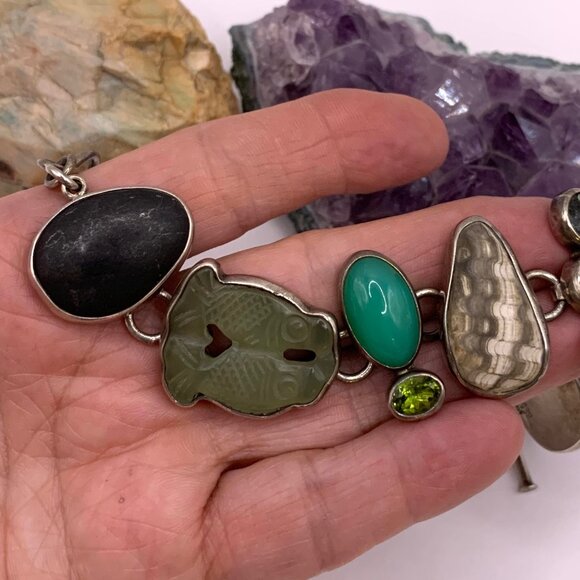 THE DREAMER Vintage Sterling Silver 925 Fossil Stone Boho Unique Bracelet #788 - Picture 3 of 13